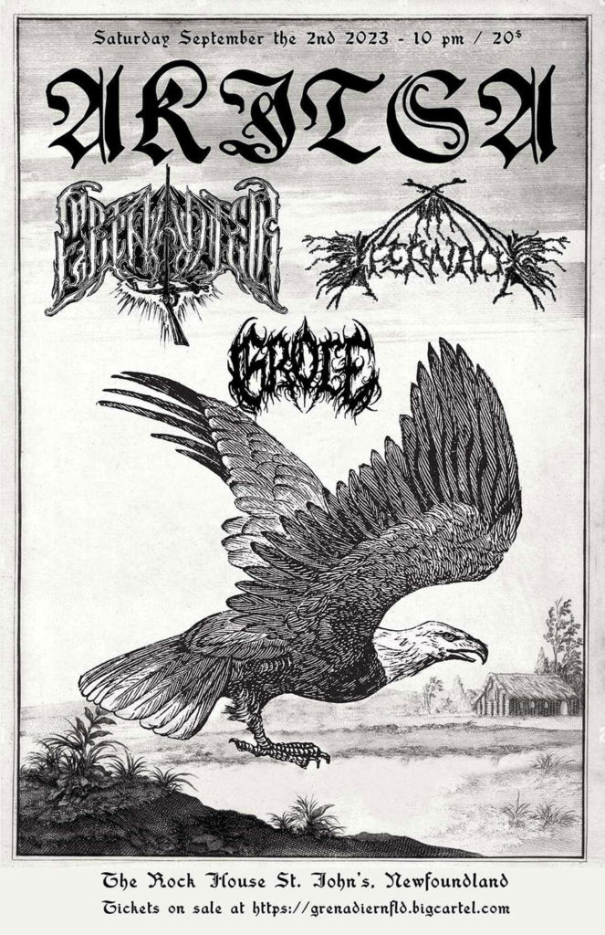 Poster for the Akitsa, Ifernach, Grole, and Grenadier show in St. John's, Newfoundland at The Rockhouse on September 2nd, 2023