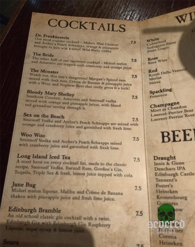 Cocktail menu for World Famous Frankenstein Bar