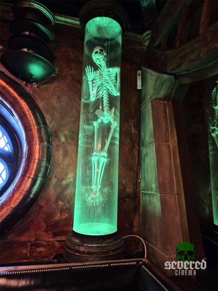 Life size skeleton in a tube inside World Famous Frankenstein Bar